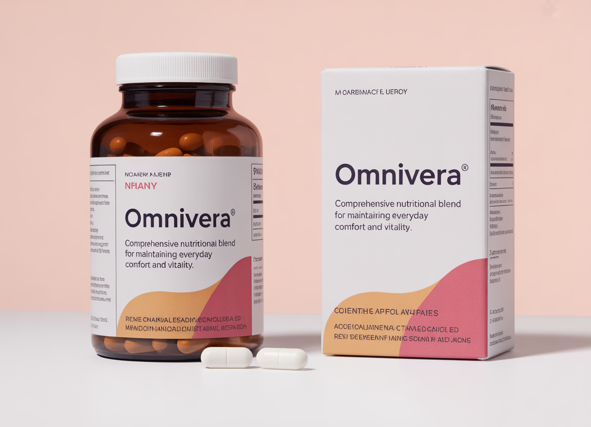 Omnivera supplement bottle and capsules close-up